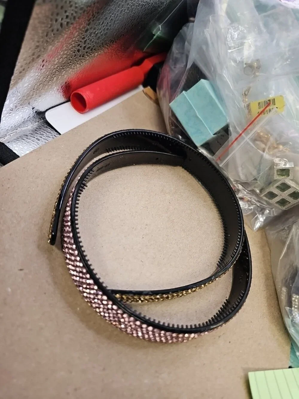 headbands lot of 2 Black Plastic  With Yellow & Peach Rhinestones